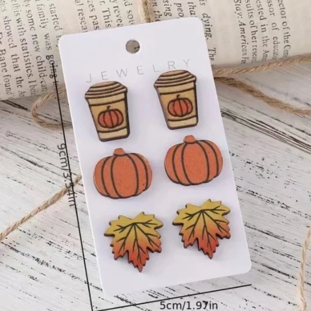 NWT Set of 3 Fall Autumn Wood Earrings: Pumpkin, Leaf and Pumpkin Hot Drink!